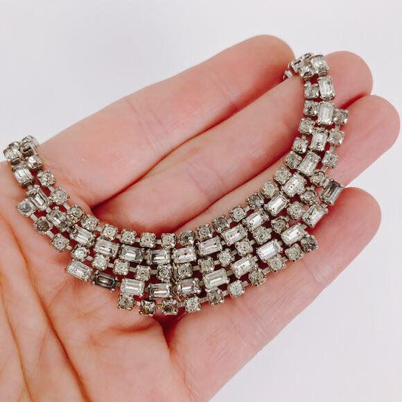 Vintage 1950s Clear Rhinestone Choker Necklace Mid Century Silver Tone Cocktail - Picture 3 of 12